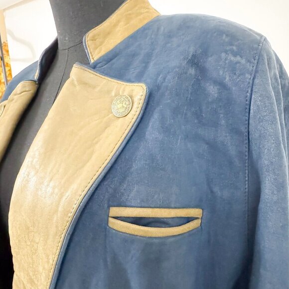 VINTAGE ZAIS LEATHER / SUEDE BLUE AND GREEN BLAZER THICK MATERIAL - Picture 4 of 6